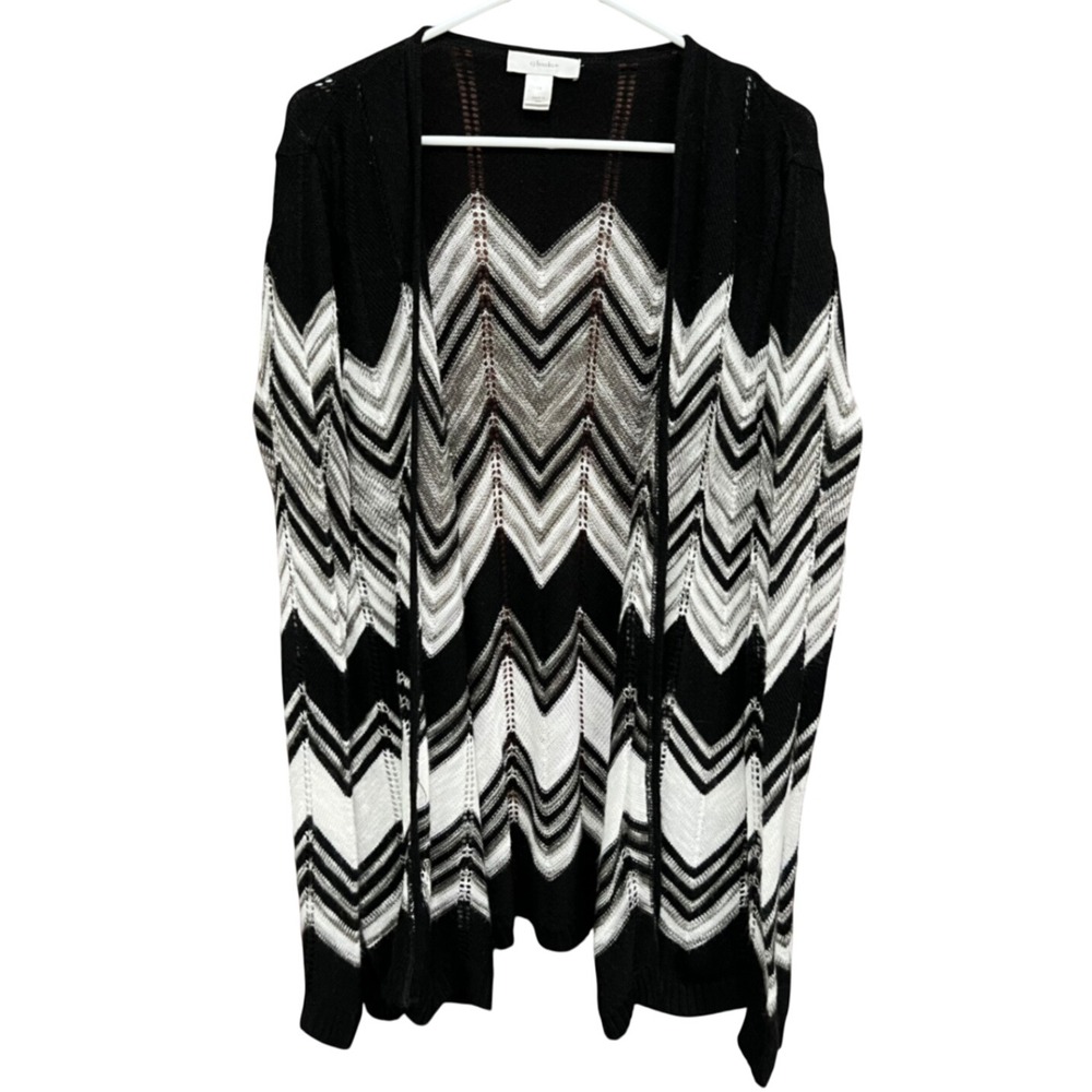 CJ‎ Banks Chevron Cardigan Duster Open Knit Black White 1X
